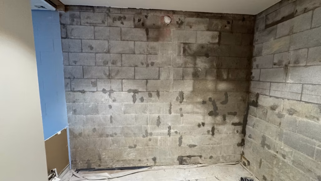 Stripped concrete block wall with dark wet patches and a pipe penetration in a Parnell basement before internal waterproofing.