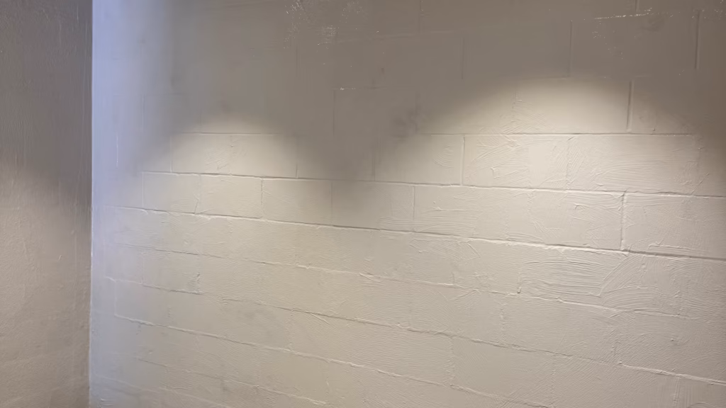 Basement block wall in Parnell sealed in light grey ARDEX WPM 300 HydrEpoxy with drop sheets on the floor, completed after internal waterproofing.
