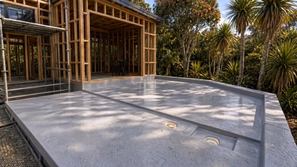 deck waterproofed with TPO membrane in a new build titirangi